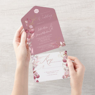 Invitation Tout En Un PixDezines H2 Rustique Dusty Rose Eucalyptus Gold