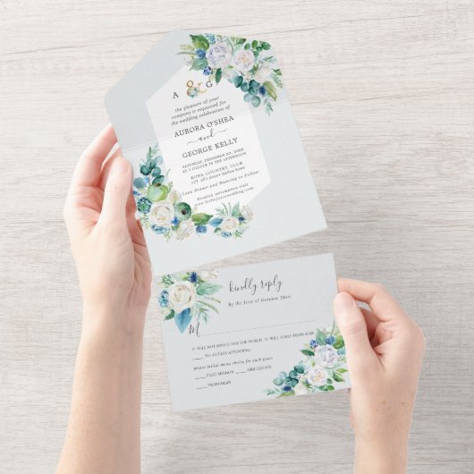 Invitation Tout En Un PixDezines Hiver H2 Fleurs Elégant Bleu Blanc (Déchirure)