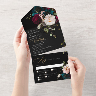 Invitation Tout En Un PixDezines Moody Floral Bourgogne Turquoise
