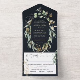 Invitation Tout En Un PixDezines Rustic Willow Eucalyptus Navy n Gold
