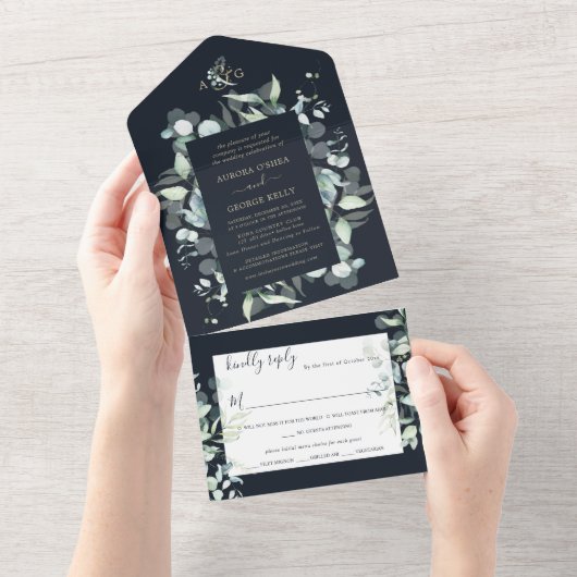 Invitation Tout En Un PixDezines Rustique Eucalyptus Navy en or (Déchirure)