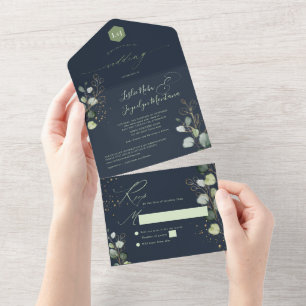 Invitation Tout En Un PixDezines Rustique H2 Green Gold Eucalyptus Navy