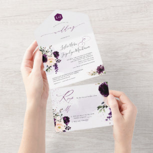 Invitation Tout En Un PixDezines Rustique violet foncé H2 Rose pivoines