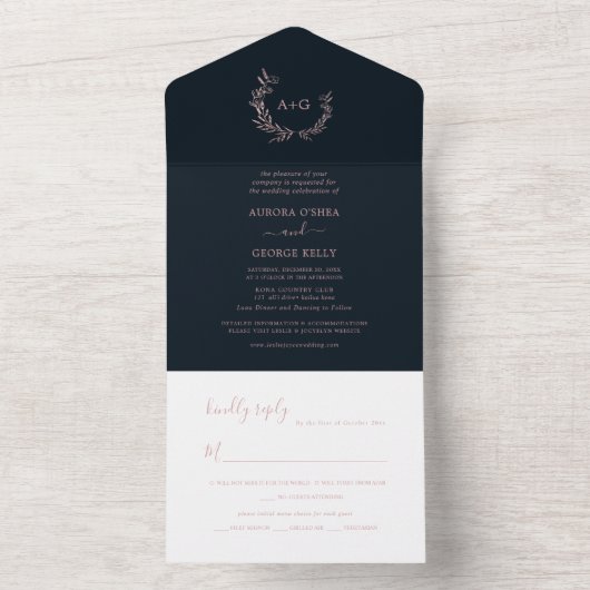 Invitation Tout En Un PixDezines Simple Marine Blue Faux Rose Gold Wreat (À l'intérieur)