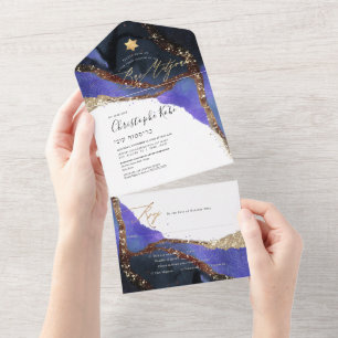 Invitation Tout En Un PixDezines Violet Cosmique Barre Bleue Mitzvah