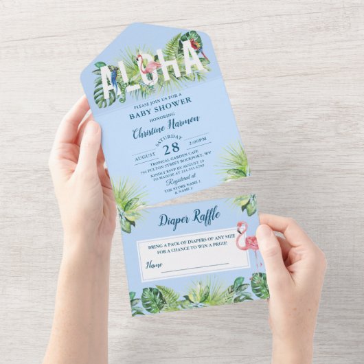 Invitation Tout En Un Plage Aloha Bleu clair Baby shower Déchets Raffle (Déchirure)