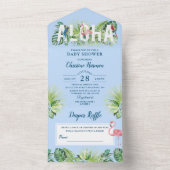 Invitation Tout En Un Plage Aloha Bleu clair Baby shower Déchets Raffle (À l'intérieur)