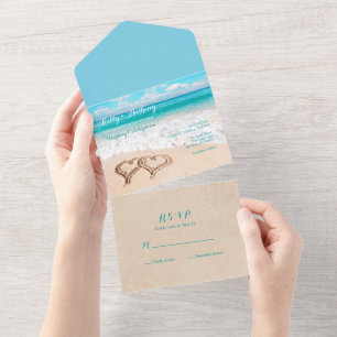 Invitation Tout En Un Plage avec Coeurs sur le Mariage de sable