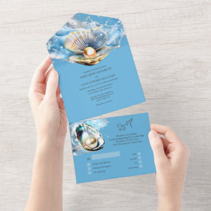 Invitation Tout En Un Plage chic d'huître perle bleu coquille coquille c