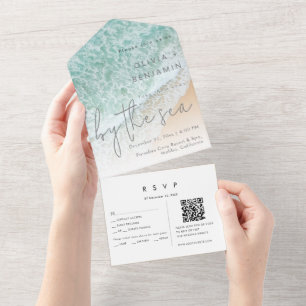 Invitation Tout En Un Plage côtière Destination QR Code RSVP Mariage