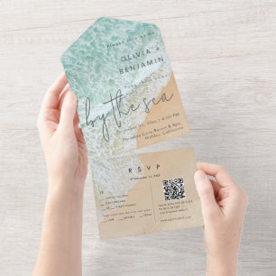 Invitation Tout En Un Plage côtière Destination QR Code RSVP Mariage