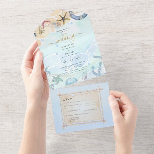 Invitation Tout En Un Plage Côtière Rustique Boho Wedding RSVP MENU All (Déchirure)