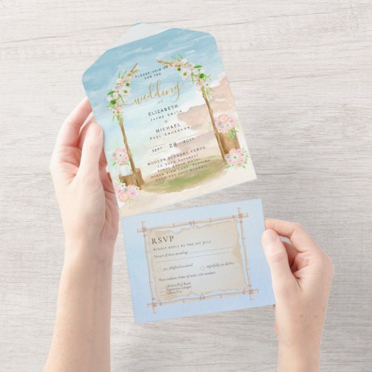 Invitation Tout En Un Plage Côtière Rustique Boho Wedding RSVP MENU All (Déchirure)
