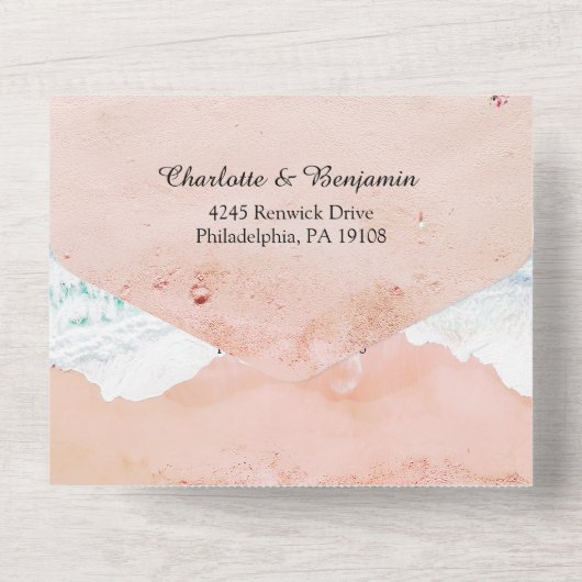 Invitation Tout En Un Plage côtière tropicale Mariage à thème (Verso)