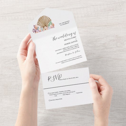 Invitation Tout En Un Plage de Coral & Seashell Mariage (Déchirure)