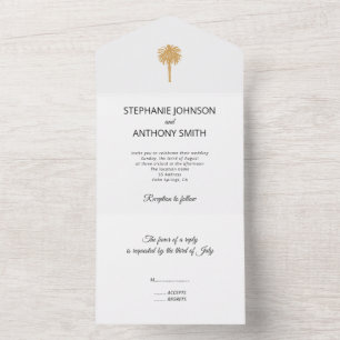 Invitation Tout En Un Plage tropicale Gold Palm Tree Destination Mariage