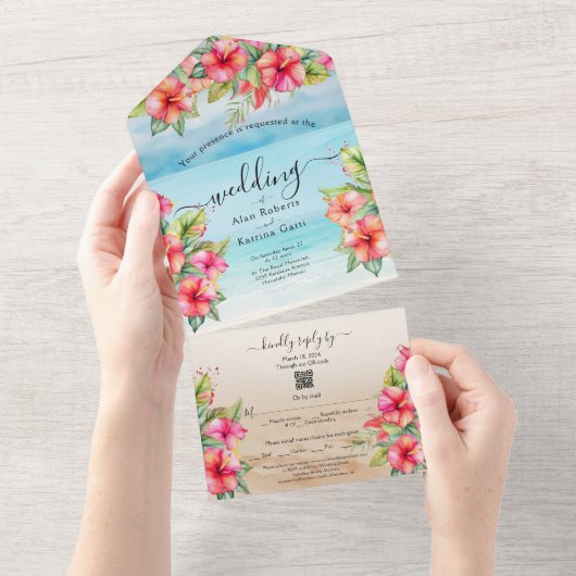 Invitation Tout En Un Plage tropicale Hibiscus tout en un mariage Invite (Déchirure)