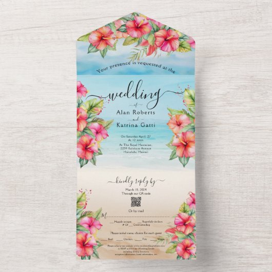 Invitation Tout En Un Plage tropicale Hibiscus tout en un mariage Invite (À l'intérieur)