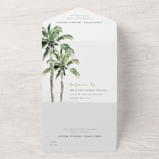 Invitation Tout En Un Plage tropicale Palm Trees Mariage aquarelle (Dehors)