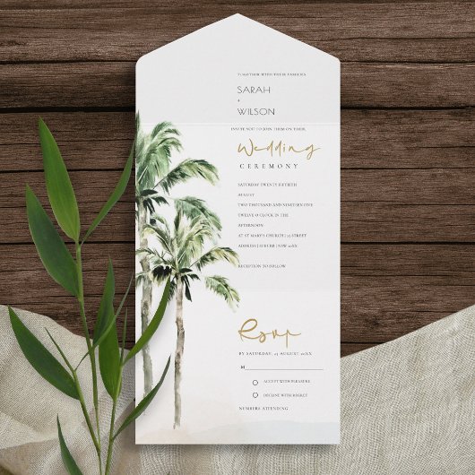 Invitation Tout En Un Plage tropicale Palm Trees Mariage aquarelle