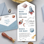 Invitation Tout En Un Planètes rustiques spatiales mites Baby shower de<br><div class="desc">Éblouissez vos invités avec cet invitation de baby shower à thème spatial moderne avec de jolies fusées et des planètes avec carte de demande de réservation détachable. Ajoutez simplement les détails de votre événement sur ce modèle facile à utiliser pour en faire une invitation unique.</div>