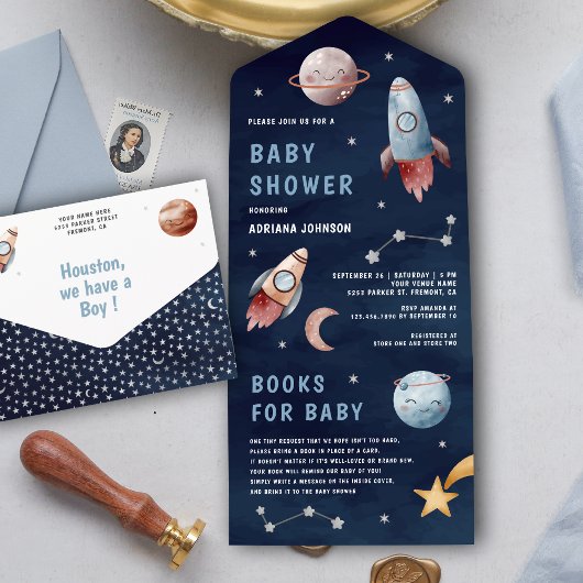 Invitation Tout En Un Planètes spatiales Rocket Baby shower bleu marine
