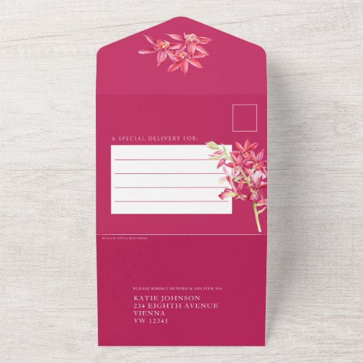 Invitation Tout En Un Plat d'aquarelle orchidée mariage RSVP QR photo (Dehors)