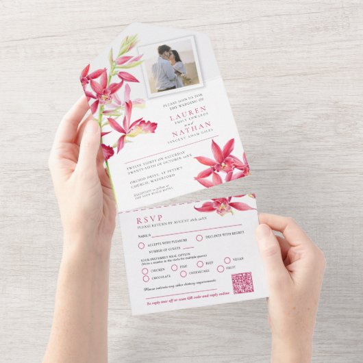 Invitation Tout En Un Plat d'aquarelle orchidée mariage RSVP QR photo (Déchirure)