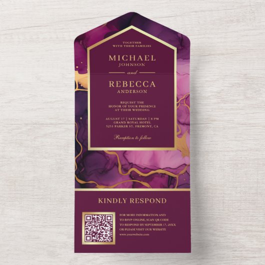 Invitation Tout En Un Plum Gold Abstrait Fluid Ink QR Code Mariage (À l'intérieur)