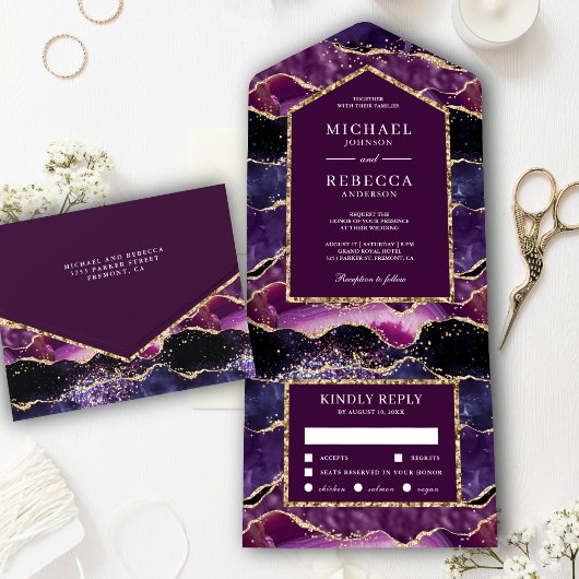 Invitation Tout En Un Plum violet or Parties scintillant Agate Marbre Ma