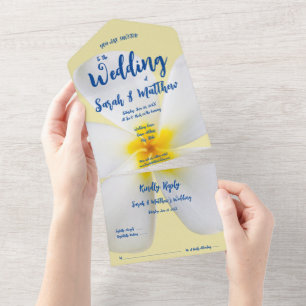 Invitation Tout En Un Plumeria blanche sur Jaune, Tropical, Mariage flor
