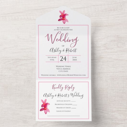 Invitation Tout En Un Plumeria rose Fleurs sur blanc, Mariage moderne (À l'intérieur)