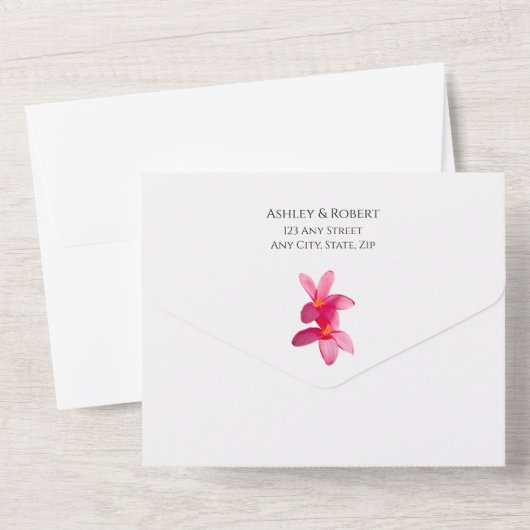 Invitation Tout En Un Plumeria rose Fleurs sur blanc, Mariage moderne (Verso)