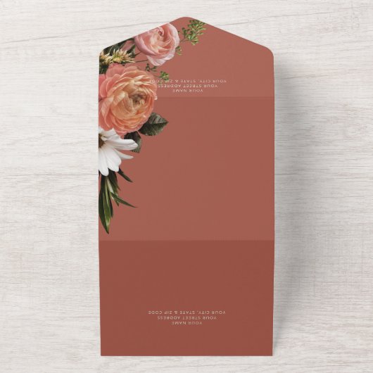Invitation Tout En Un Poche moderne Mimosa Floral Rust QR Code (Dehors)