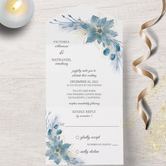 Invitation Tout En Un Poinsettia bleu et or moderne sur blanc