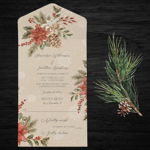 Invitation Tout En Un Poinsettias avec du houx sur beige enneigé