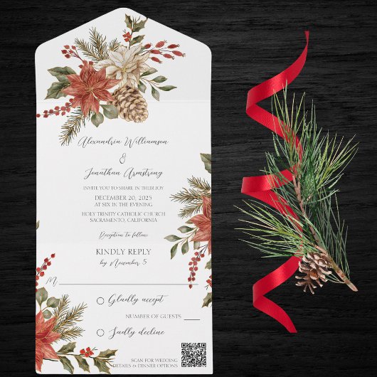 Invitation Tout En Un Poinsettias avec du houx sur QR Code blanc