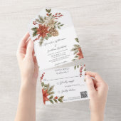 Invitation Tout En Un Poinsettias avec du houx sur QR Code blanc (Déchirure)