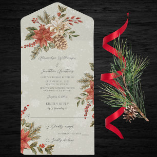 Invitation Tout En Un Poinsettias avec du houx sur un fond vert sauge en