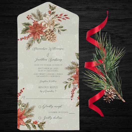 Invitation Tout En Un Poinsettias avec Holly sur Sage Vert Neige