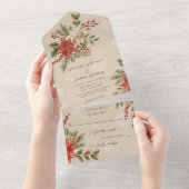 Invitation Tout En Un Poinsettias avec houx sur beige neigeux (Déchirure)