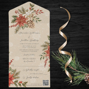 Invitation Tout En Un Poinsettias avec houx sur code QR beige enneigé
