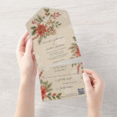 Invitation Tout En Un Poinsettias avec houx sur fond beige neige QR Code (Déchirure)