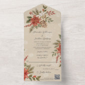 Invitation Tout En Un Poinsettias avec houx sur fond beige neige QR Code (À l'intérieur)