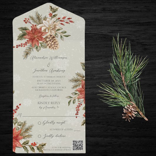 Invitation Tout En Un Poinsettias & Holly sur Snowy Sage QR Code