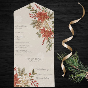 Invitation Tout En Un Poinsettias Rouges et Ivoire sur Beige Neigeux