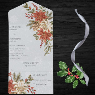 Invitation Tout En Un Poinsettias Rouges et Ivoire sur Gris Neigeux