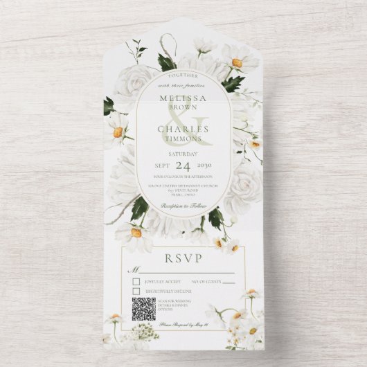 Invitation Tout En Un Poireaux rustiques et Fleurs blanches Code QR (À l'intérieur)