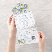 Invitation Tout En Un Poissons rustiques et Bouquet floral bleu QR Code (Déchirure)