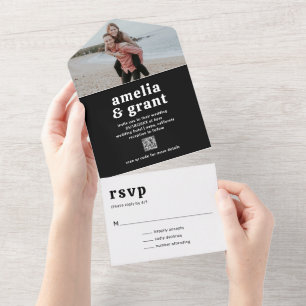 Invitation Tout En Un Police rétro noir QR Code photo Mariage moderne